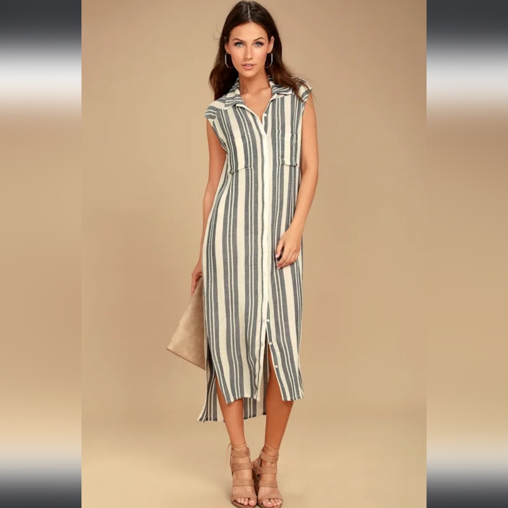 💜 NWT BILLABONG Mad Times Gray and Cream Striped Shirt Dress